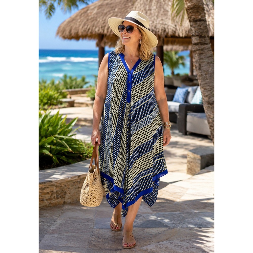 Indian Emporium‎ Blue Cream Geometric Handkerchief Hem Rayon Tunic Dress OS